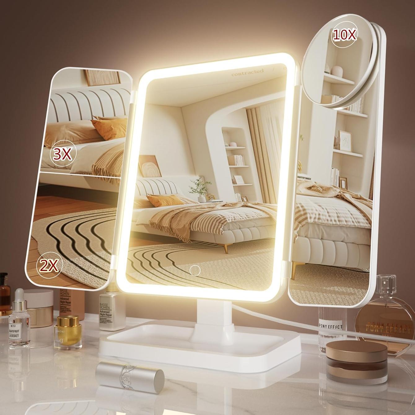 Portable LED Light Makeup Mirror, Lighted Makeup Mirror, Mirror with Lights, 3-fold Foldable Rechargeable Mirror with 2x 3x & 10x Magnification, Touch Control Mirror for Travel & Bedroom Use, Rechargeable Trifold Mirror #TOP PICKS