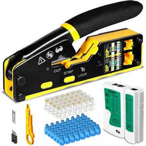 RJ45 Crimp Tool Pass Through Kit Ethernet  Cat5 Cat5e Cat6 Crimping Tool for RJ11/RJ12 6P/8P with Network Lan  Tester, 50 count Cat6 Connectors, 50 count Boots, Mini  Stripper