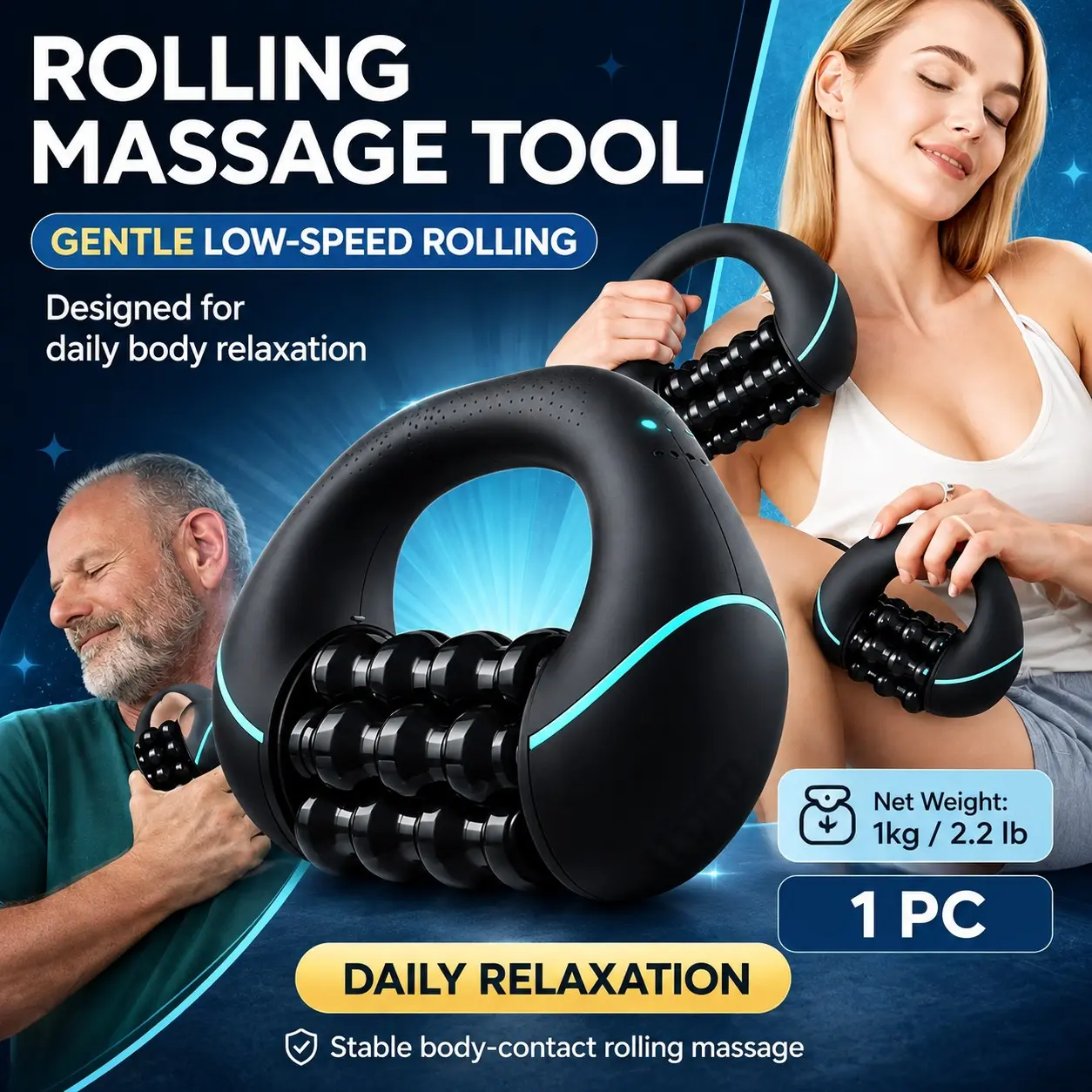 Handheld Electric Rolling Massager with Handle and Silicone Rollers, 3-Speed Rechargeable Self-Care Massager, Ergonomic Portable Body Roller for Neck, Shoulders, Arms, Legs, and Calves, Portable Massagers