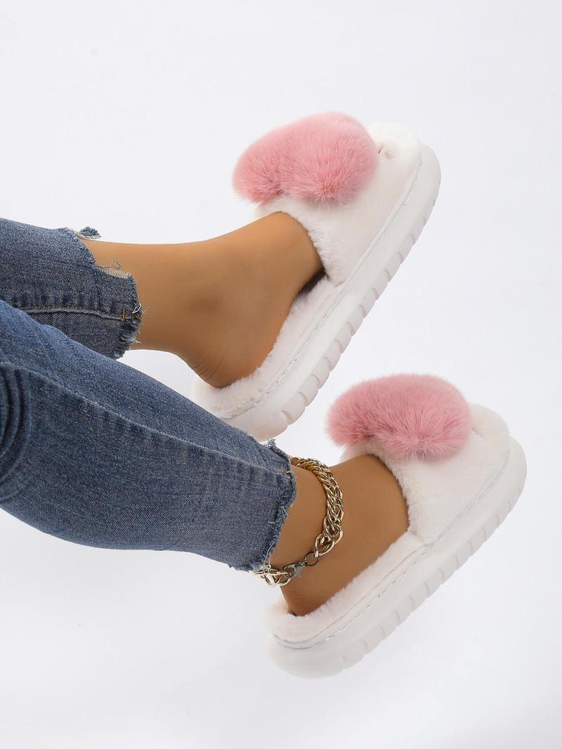 Cute Bowknot & Heart Design Plush Slippers As Gift, Trendy Soft Fuzzy Warm Slippers for Home, Novelty Bedroom & Kitchen Slippers, Girl Comfort Walking Shoes