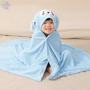 Blue Puppy Design Coral Fleece Hooded Bath Towel for Kids, Super Absorbent Quick Dry Bathrobe Poncho with Button Closure, Soft Thick Wrap for Newborns, Toddlers & Children After Shower, Swimming & Beach