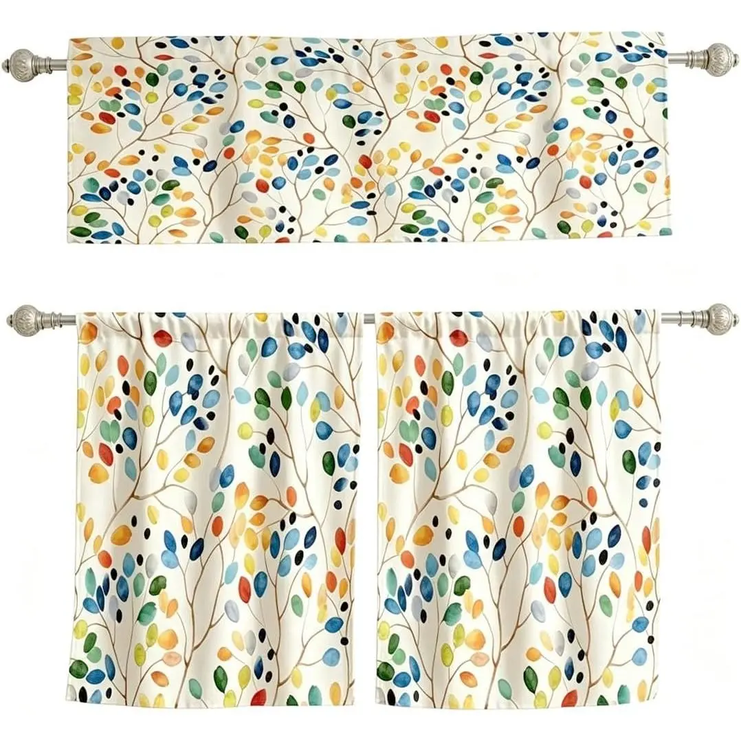 Colorful Kitchen Curtains Valance and Tiers Set Over Sink, 52x18 inch + 26x36 inch x 2, Cute Watercolor Floral Boho Leaf Window Drapes, Small Short Cafe Rod Pocket Topper Top, 3 Panels