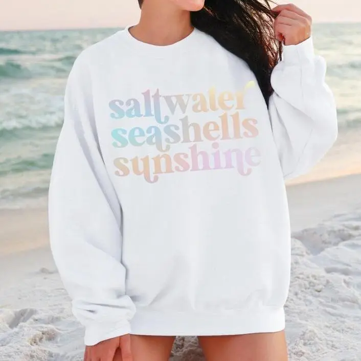 Coastal Crewneck Sweatshirt for Women, Long Sleeve Graphic Design, Relaxed Outfit for Beach Vacations, Tops