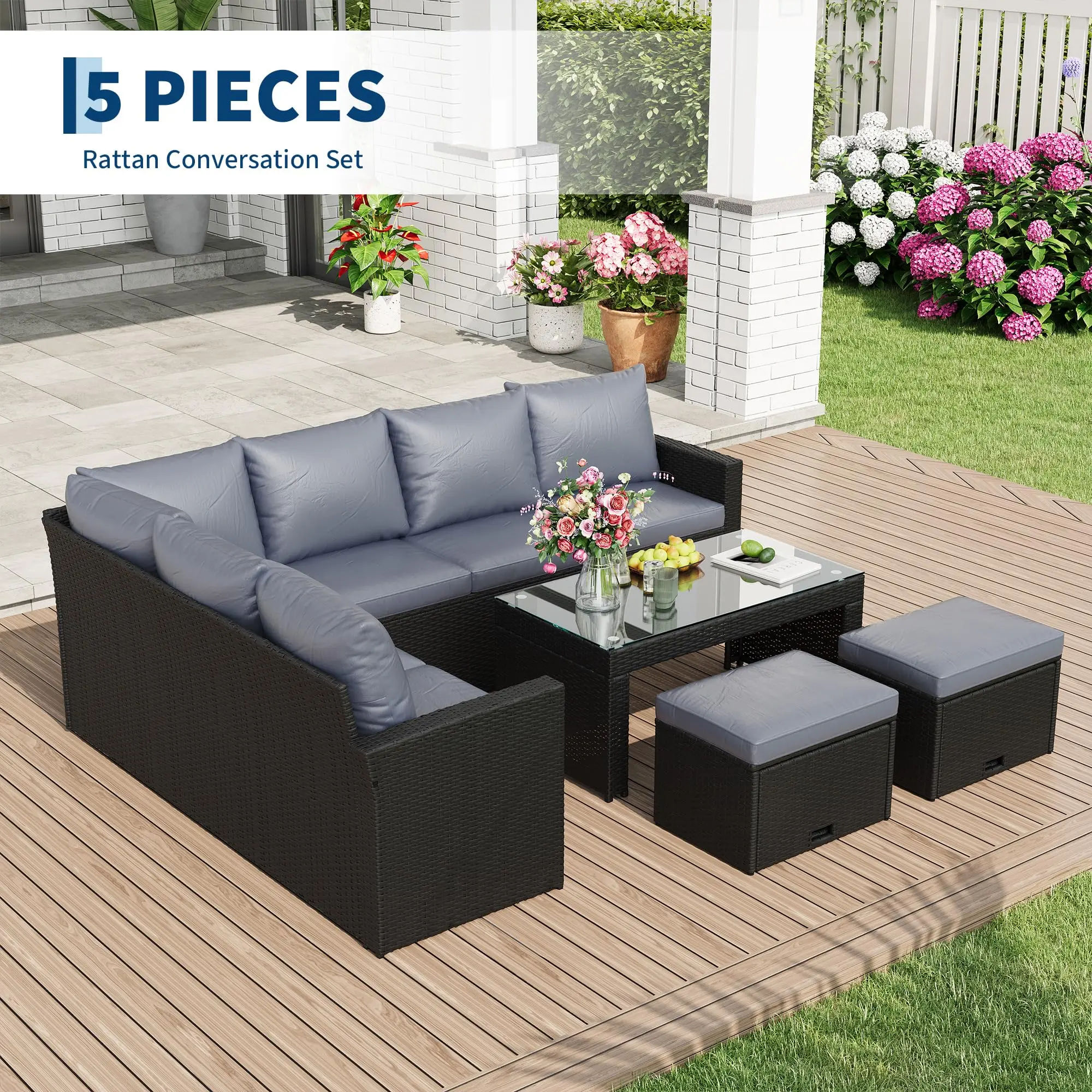 87" 5-Piece Modular Patio Sectional – All-Weather PE Wicker Couch with Thick Black Cushions, Extra Large Outdoor Sofa Set for Backyard & Porch