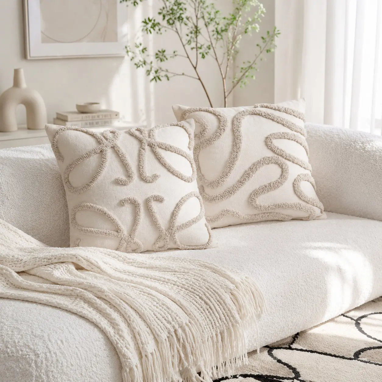 Neutral Cream Color Tufted Butterfly Wave Line Pillow, Textured Ring Decorative Sofa Cushion, Bohemian Minimalist Home Decor for Living Room Bedroom