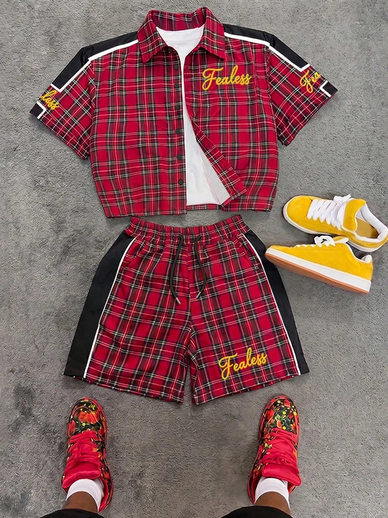 Racing Core Vintage Men's Plaid Short Sleeve Shirt and Shorts Set Red Tartan Color Block Stripe Tracksuit Outfits with Fearless Embroidery for Summer Streetwear Festival