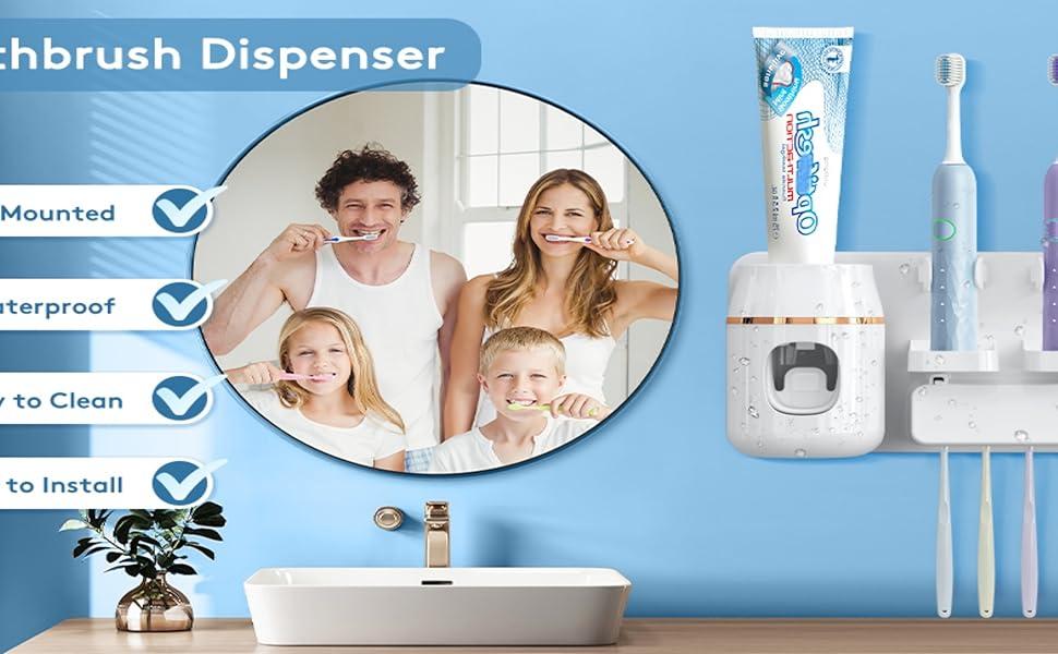 Toothpaste Dispenser Wall Mounted, Automatic Toothpaste Dispenser for Kids, Toothbrush Dispenser for Bathroom with 4 Toothbrush Slots