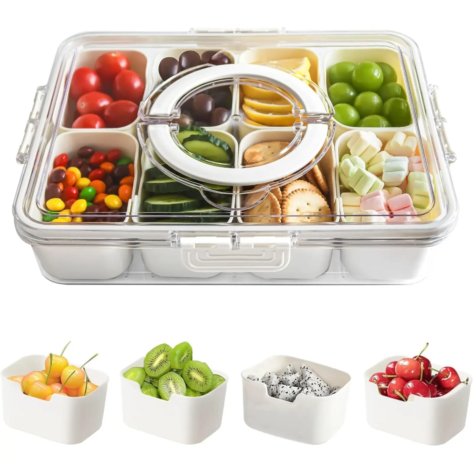 Clear 8 Compartment Airtight Snack Storage Container with Lid and Handle, Leakproof Divided Serving Tray with Detachable Grids, Dishwasher Safe Storage Box for Nuts, Candy, Portable Organizer, Lunch Container for Picnics, Travel and Home Use