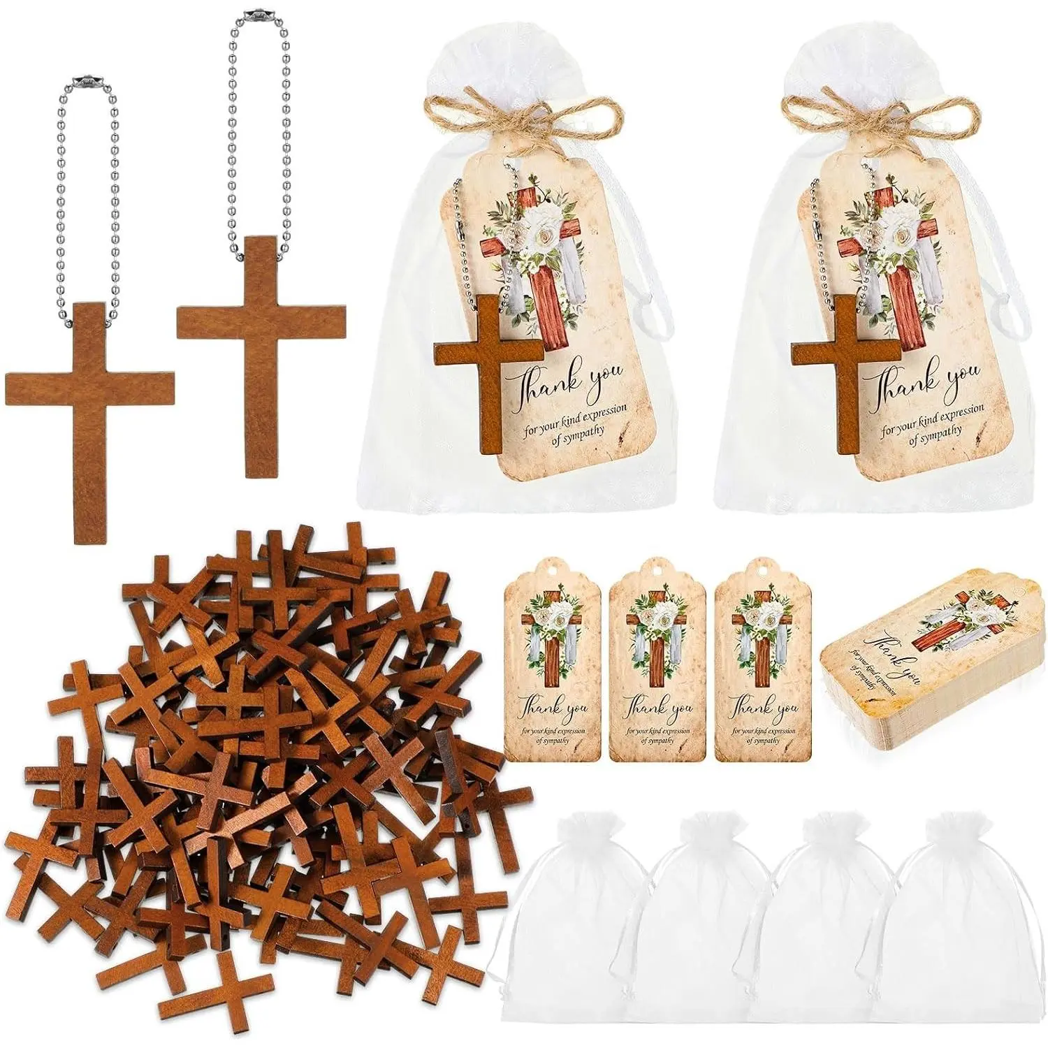 100-Piece Funeral Favor Set for Memorial Service with 100 Wooden Cross Keychains, Funeral Thank You Cards, Organza Bags, Guest Sympathy Gifts for Remembrance, Bereavement & Celebration of Life (Cross)Gift