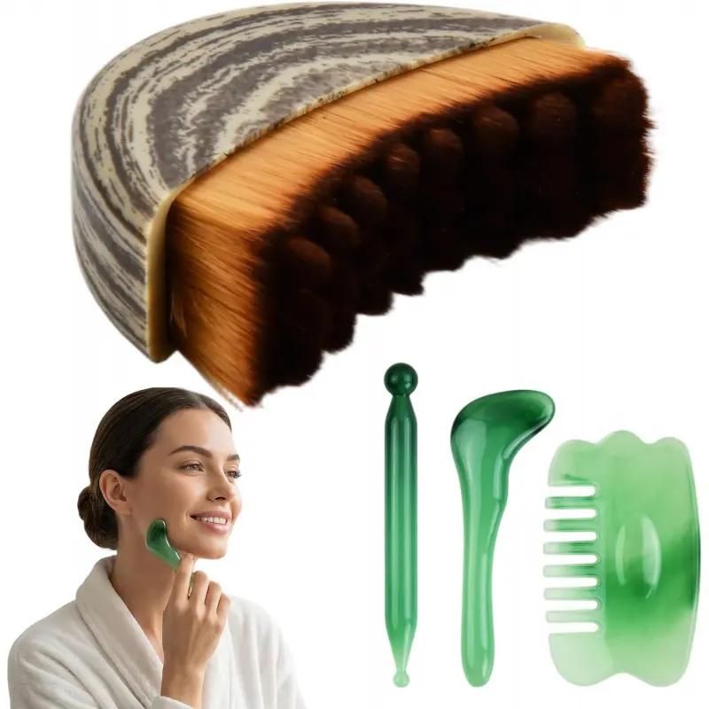 4 Pieces Lymphatic Drainage Brush Set, Facial Contour Face Brush, Lymphatic Massage Tool, Facial Massage Brush Kit, Ergonomic Design for Face Neck Eye, Black Green