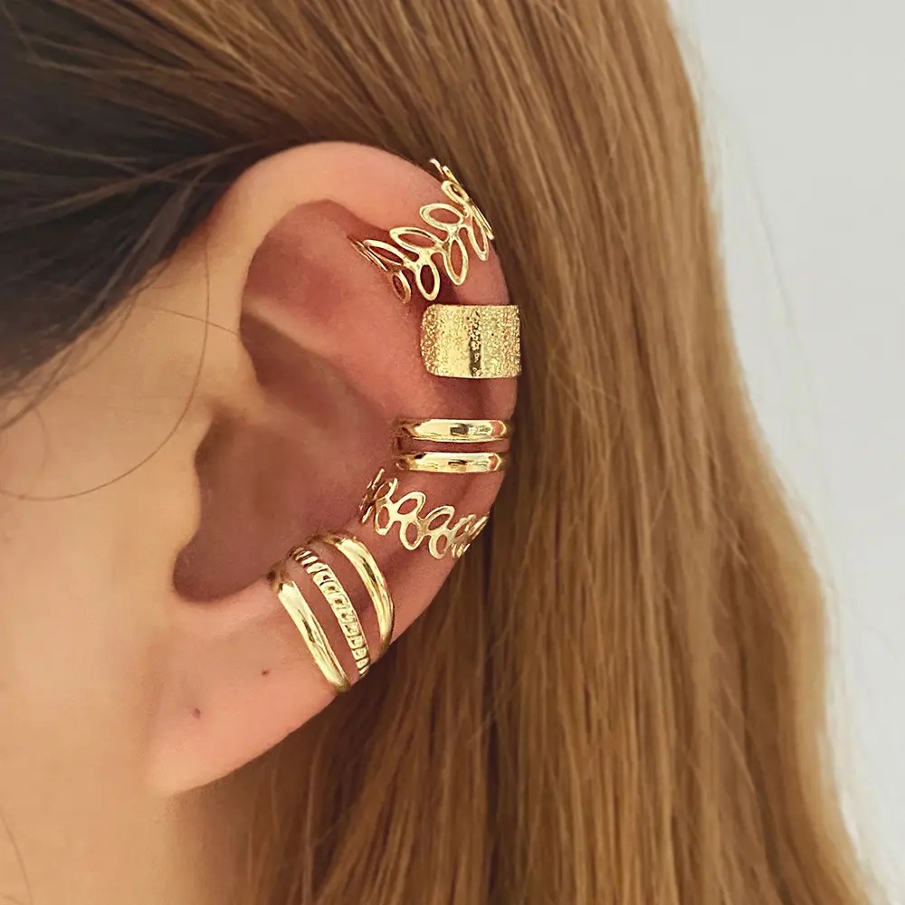 Leaf Motif Clip Earrings Set Pack, Unisex Metal Cartilage Cuffs, Non-Piercing Jewelry for Casual Festival Wear, Cartilage Jewelry, Ear Accessories