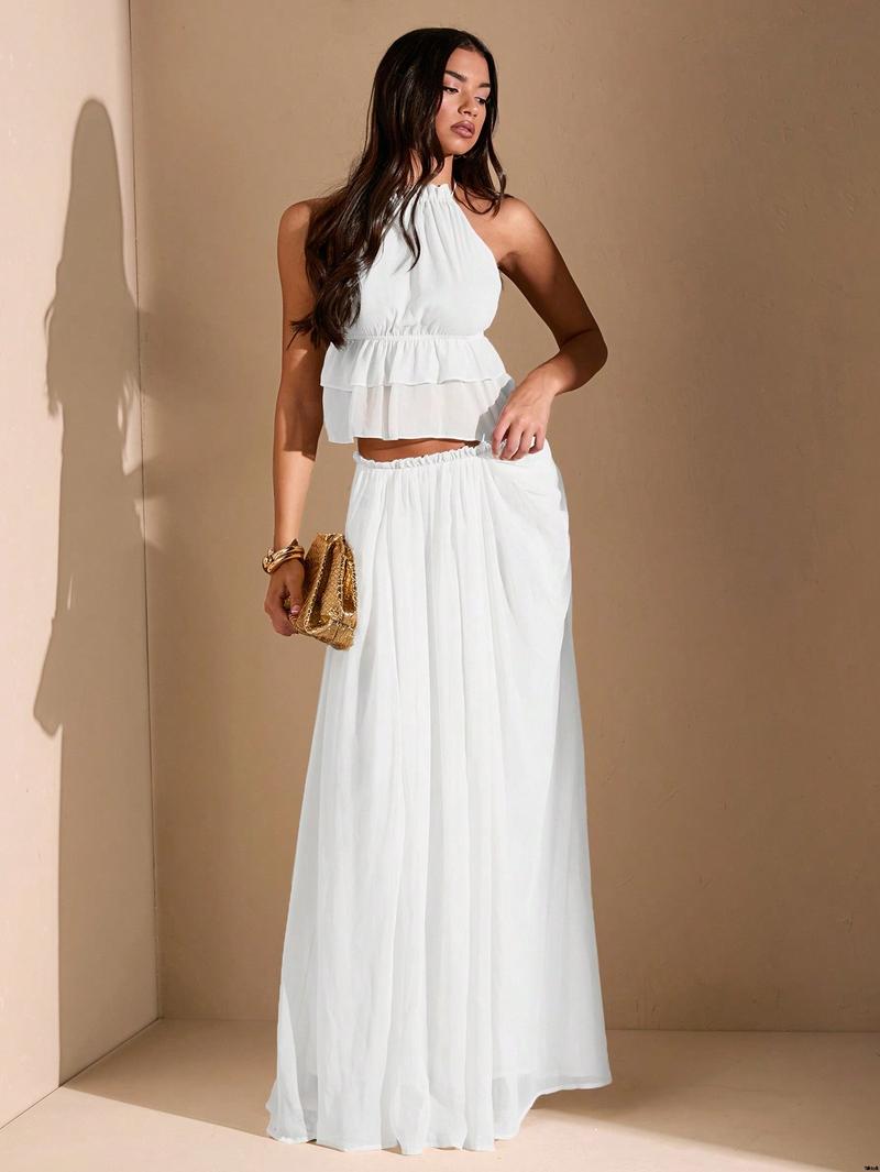 Date Beach Holiday , Women For Maxi Slit High Ruched Asymmetric White BAE tiktok White Skirt Vacation
