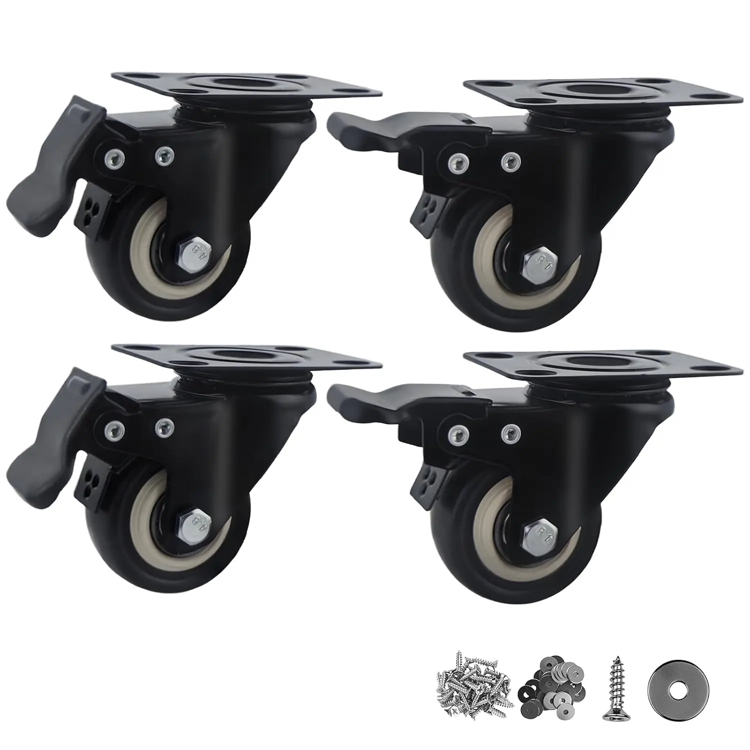 Htudcue 2 Inch Heavy Duty Caster Wheels Set of 4, Locking PU Casters with , No Noise Polyurethane Wheels for  Furniture & Workbench, 800lbs  Load