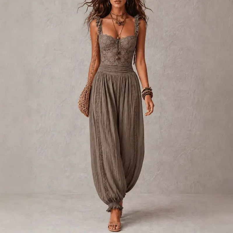 Women's Elegant Lace Suspender Harem Pants Jumpsuit 10743