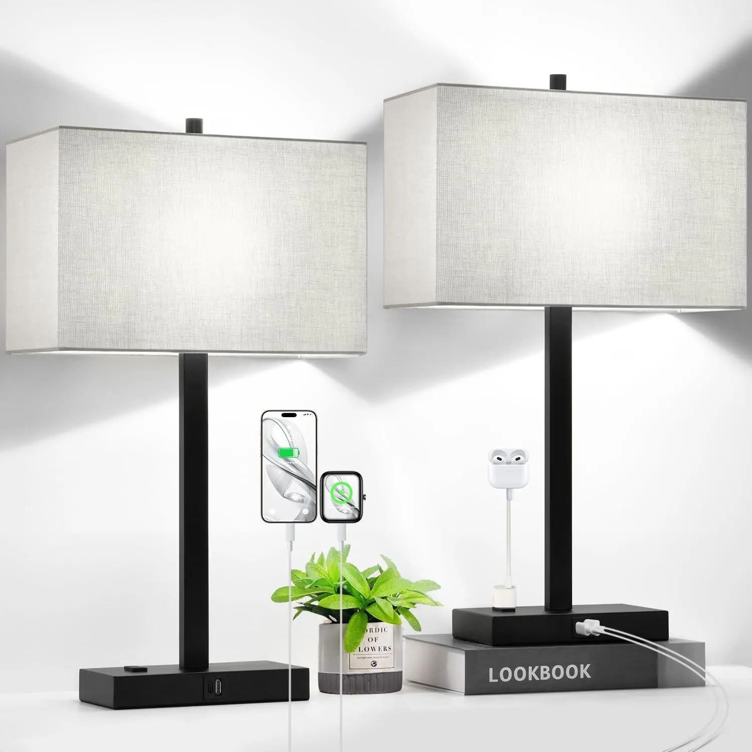 21" Touch Bedside lamps with 2 USB & AC Outlets, 3-Way Dimmable Bedside Table Lamps Set of 2 for Bedroom Living Room Office Reading, Gray Shade Lamps for Night Stands, 5000K LED Bulbs Included