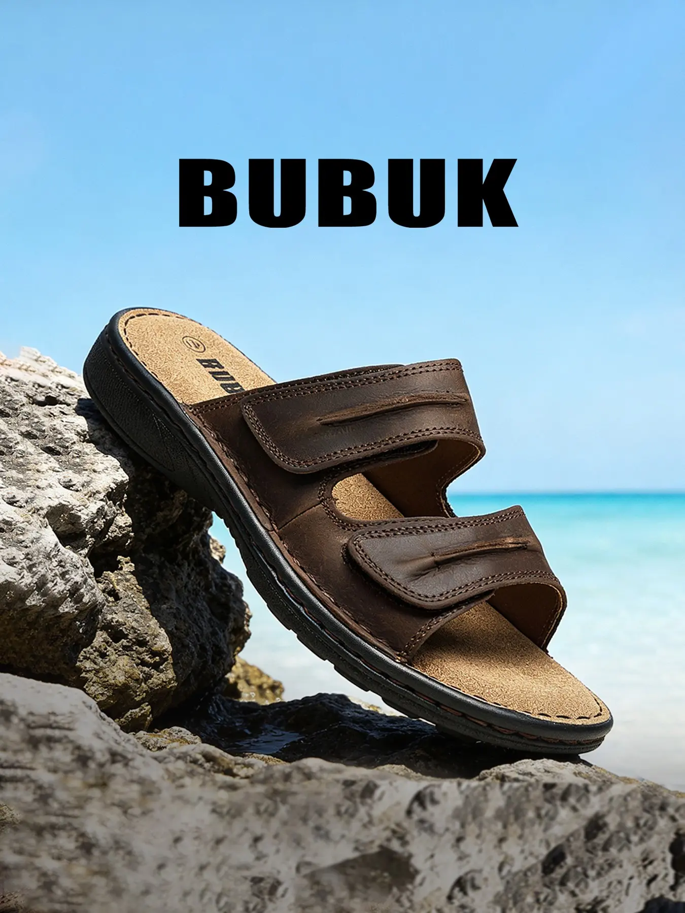 BUBUK Men's Leather Sport Slide Sandals, Slide On Sandals, Bubuk Genuine Cowhide, PU Soft Lining, Breathable Fabric, Moisture-Wicking, Comfortable Casual Shoes, Breathable Footwear