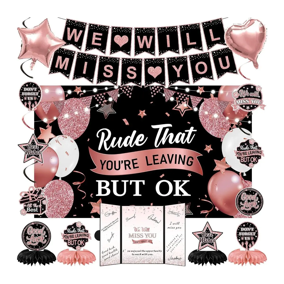Shiny Black-Pink Glitter Farewell Banner with Aluminum Alloy Star Ornaments, Plastic Window Print, Signing Guestbook Cards, Black Rose Gold Hanging String - 15 Pieces Vortex Wall Decoration, Great Parting Party Supply Gift for Office Coworkers