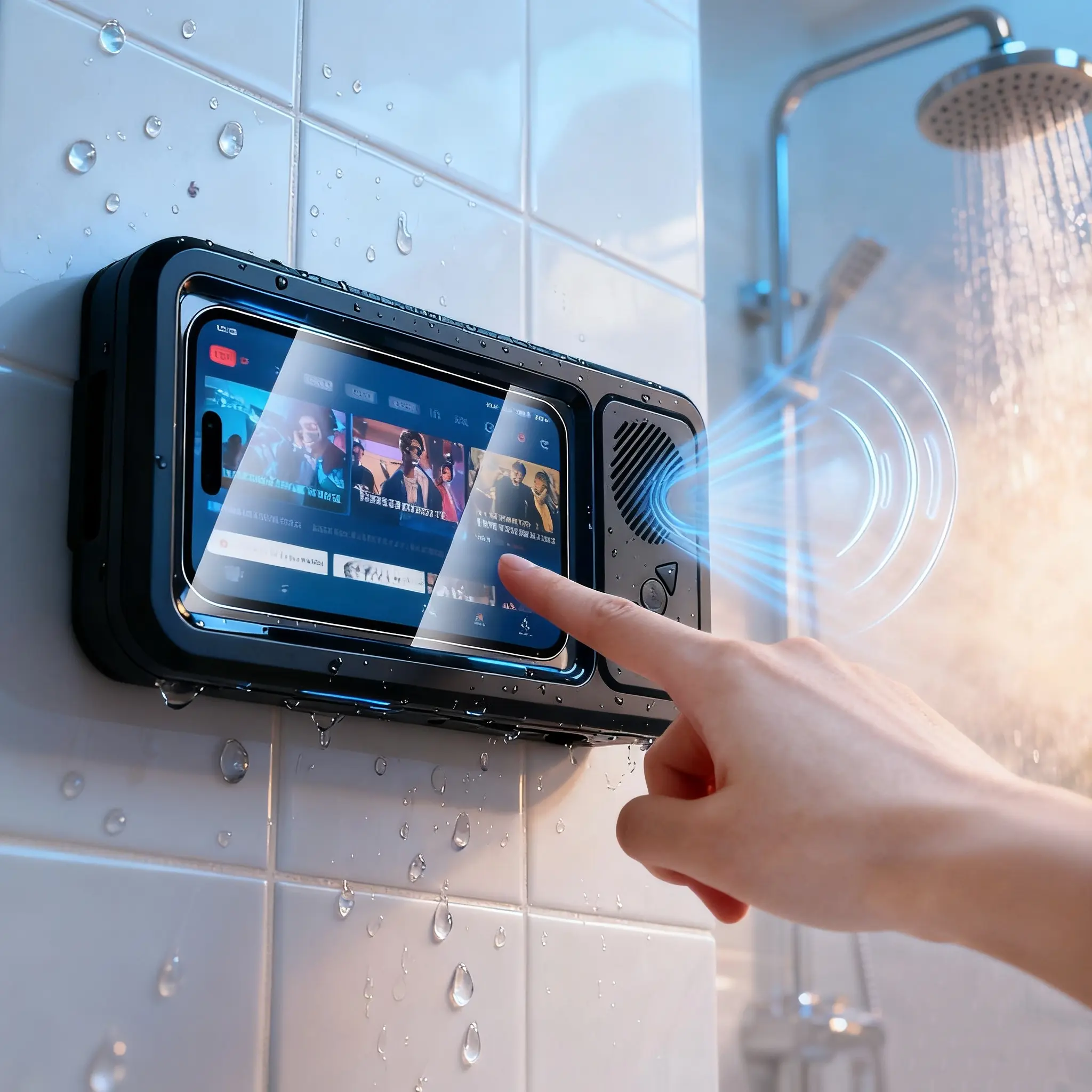Waterproof box speaker, bathroom waterproof 360 ° rotating touch screen, Bluetooth speaker, watch movies, listen to music, phone holder Bluetooth speaker audio shower TV holder, swimming pool, kitchen, bathroom, sink, Rechargeable speaker system