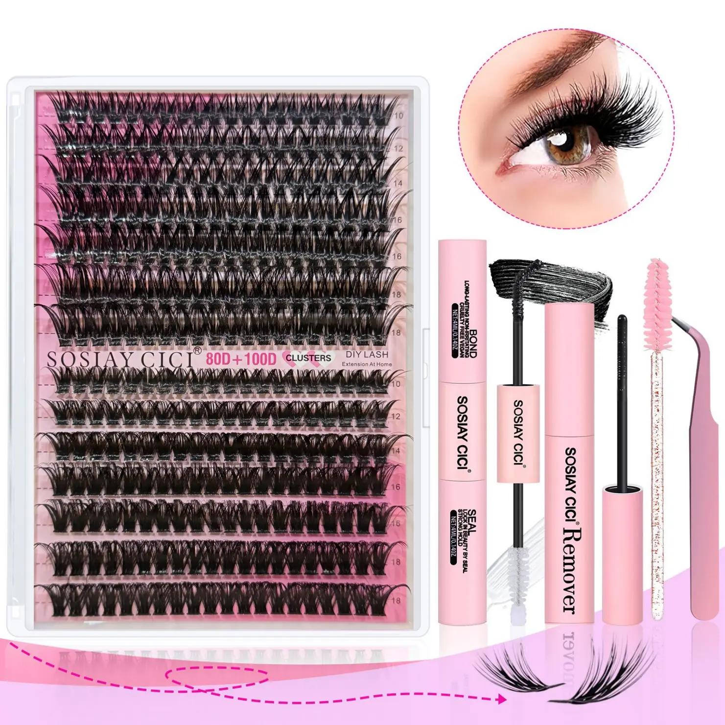 80D+100D Lash Clusters Kit, SOSIAY CICI D Curl Individual Lashes, DIY Lash Extension Tool Set