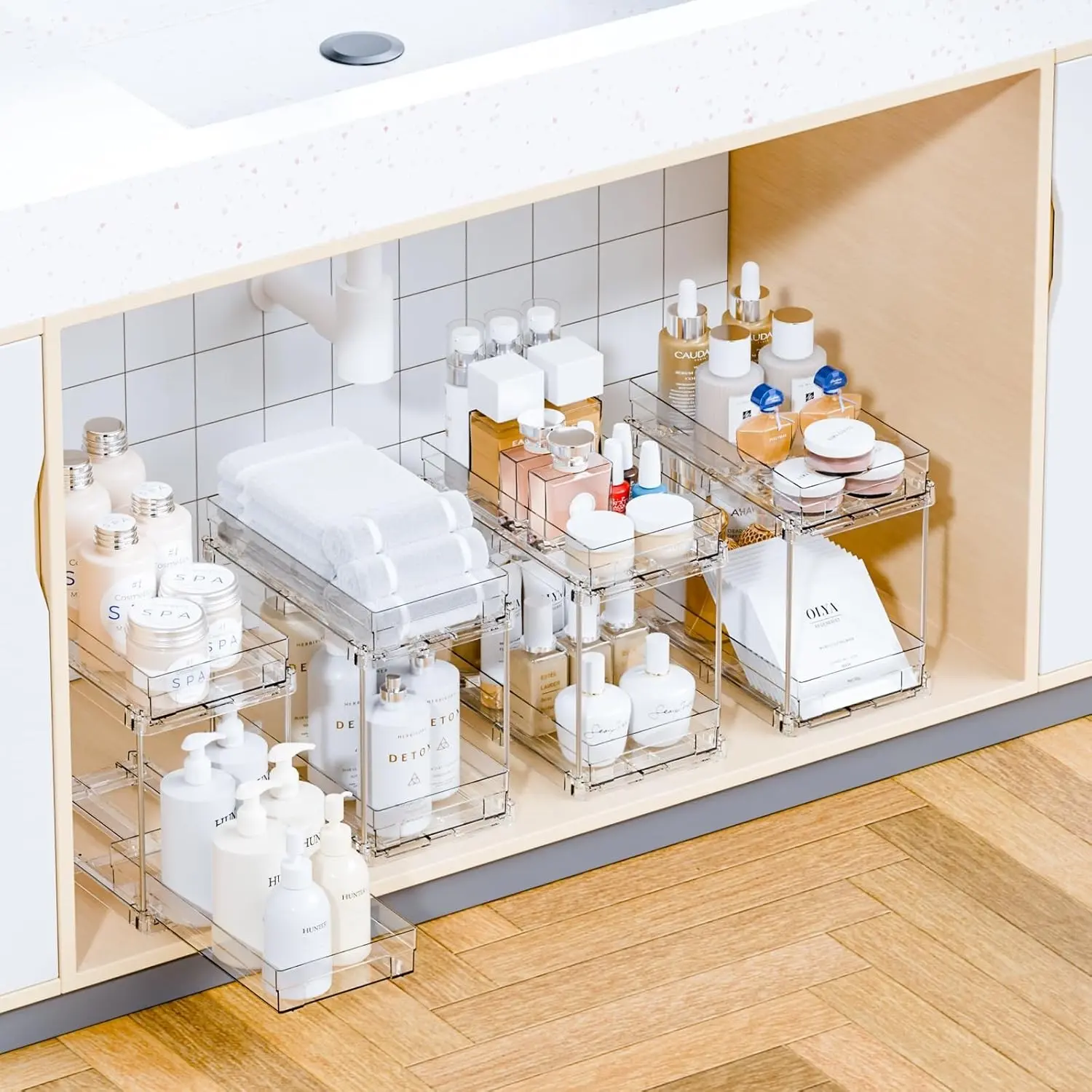 4 Set Bathroom Organizers and Storage,2 Tier Clear Under Sink Organizer and Medicine Cabinet Organizer for Kitchen,Pantry Storage,Pull Out Drawers for Skincare,Pill Bottle,Spice Organization