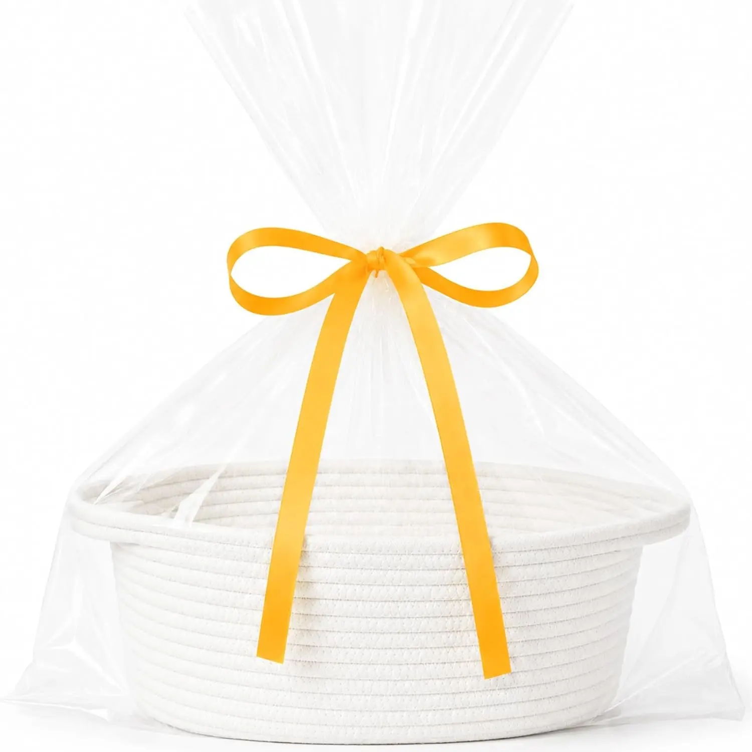 Woven Rope Gift Basket with Handles, 12x8x5 White Storage Basket for Baby Shower, Graduation, Housewarming & Nursery Organization, Durable, Includes Ribbon & Gift Bag(Gift)