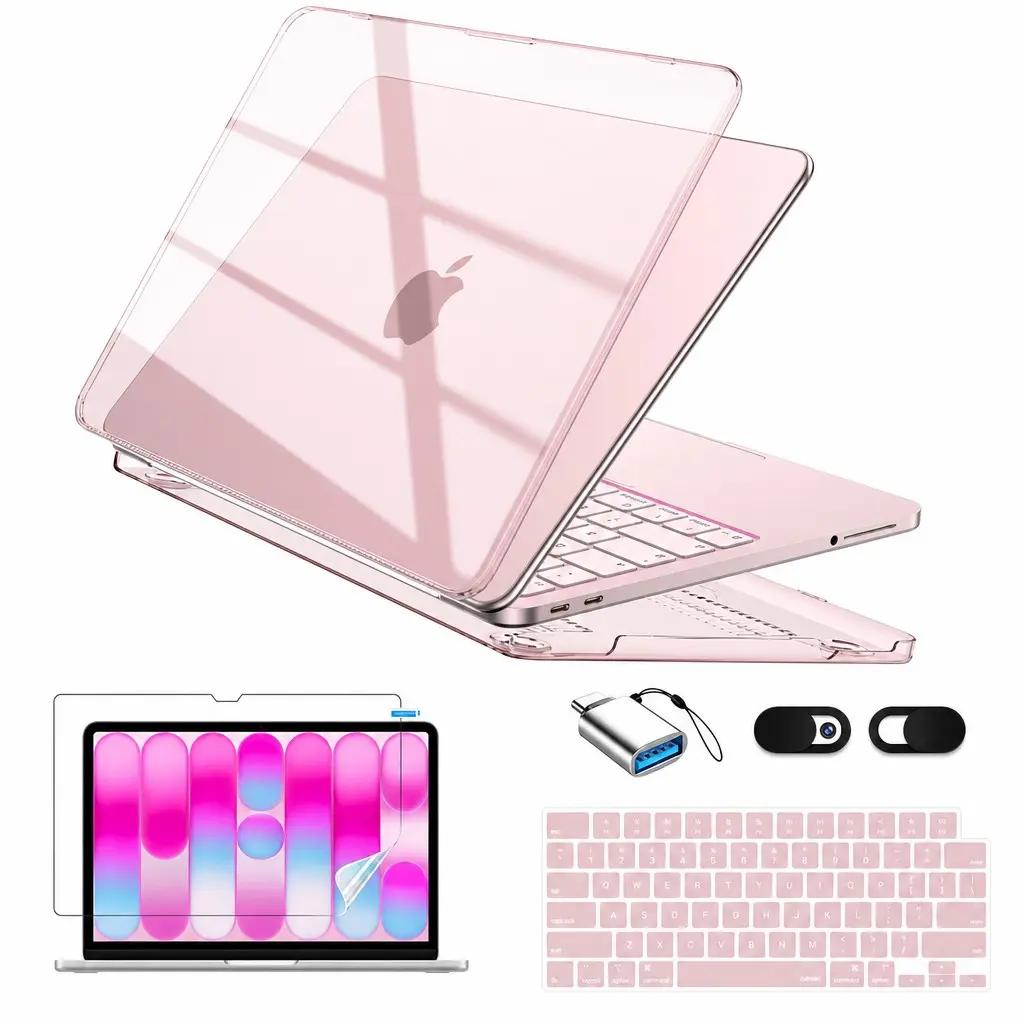 For MacBook NEO Case 5 in 1, Pink Crystal Clear Hard Shell Laptop Cover with Keyboard Cover HD Screen Protector OTG Adapter Camera Privacy Cover Full Protection Accessories Kit 2026 New