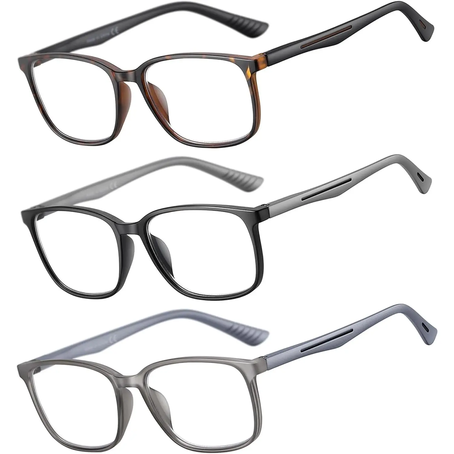 3 Pack Reading Glasses for Men with Comfort Spring Hinge | Blue Light Blocking Readers,Lightweight & Comfort,Large Wide Square Frame,Stylish  Eyeglasses