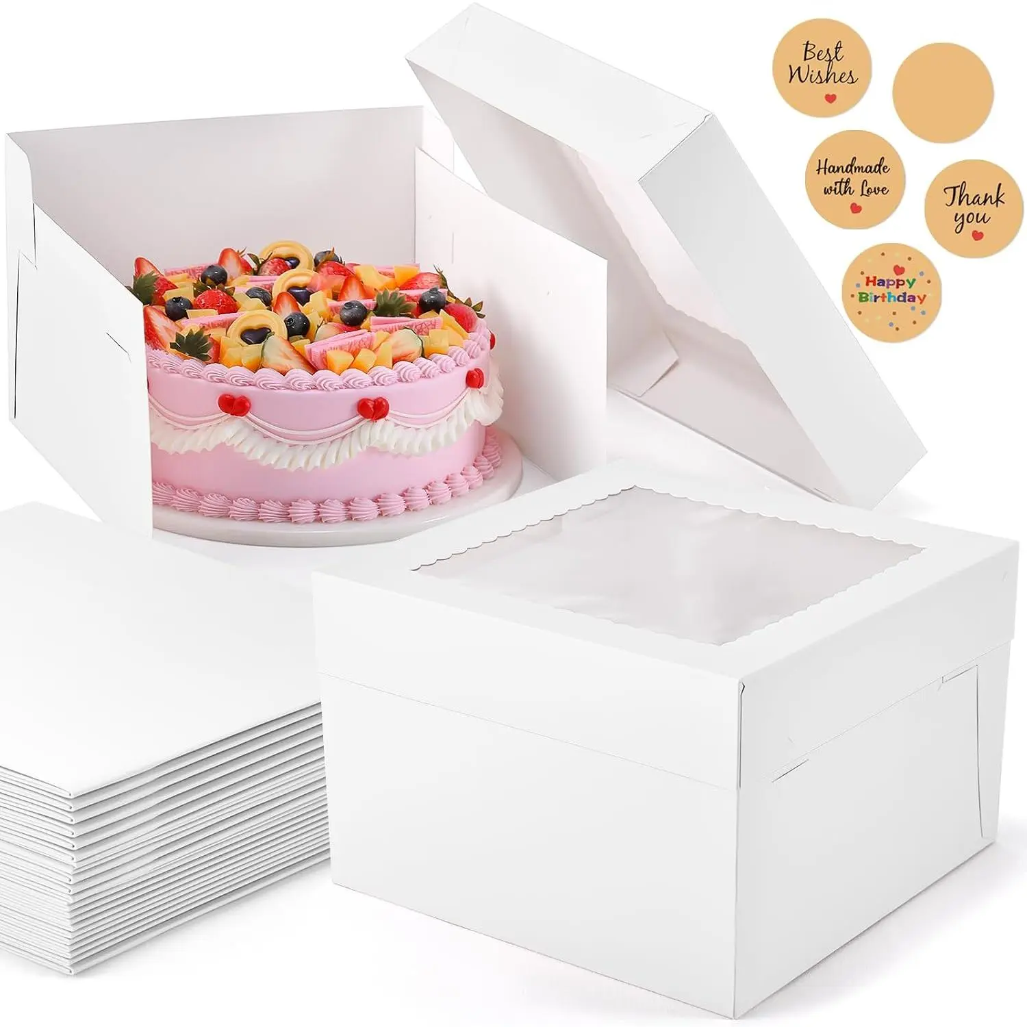 12 count Cake Boxes, 12x12x8 Inches Tall Bakery Boxes with Window, Large White Disposable Tier Cake Containers for Pastries, Pie, Cookies, Chocolates, Cupcakes, Birthday Party Dessert Boxes