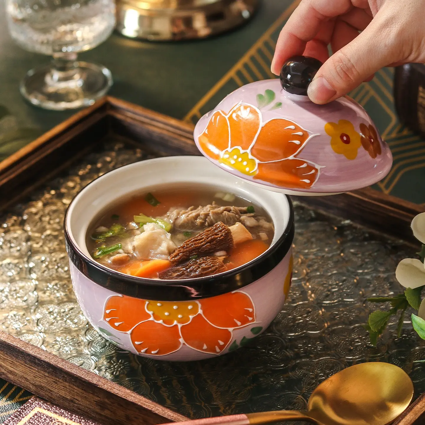 Bohemian Style Ceramic Soup Pot Set, Unique Pots, 350ML Covered Steaming Bowl, Individual Water Bath Soup Bowl, Ideal for Cooking Soups and Stews, Ceramic Cookware
