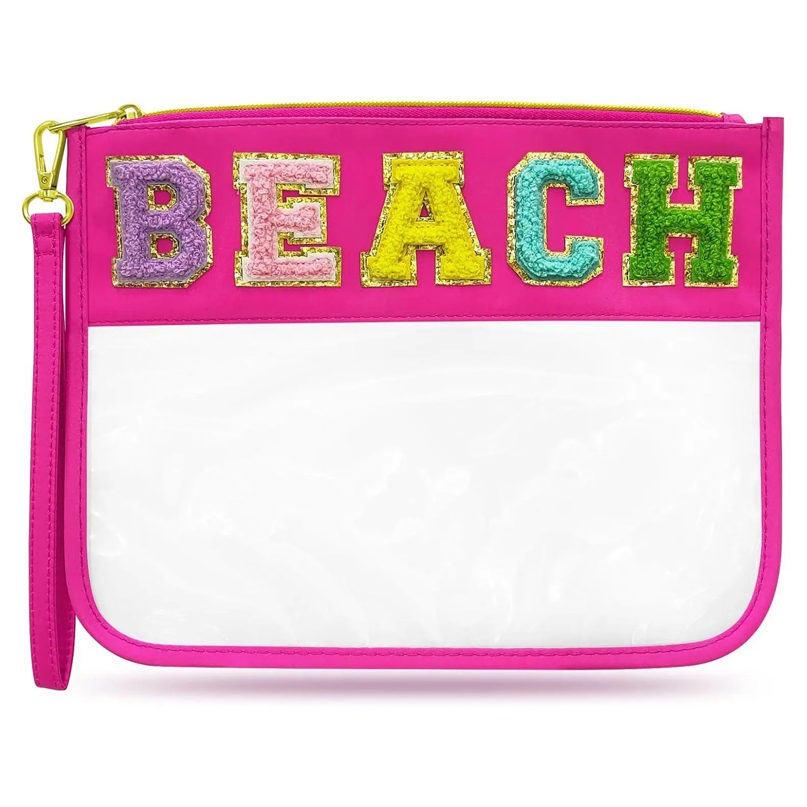 Clear Chenille Letter Beach Bag with Nylon Makeup Zipper Pouch, Waterproof Travel Cosmetic Toiletry Sunscreen Organizer, Beach Vacation Essentials for Women (Rose Red-Beach)Gift
