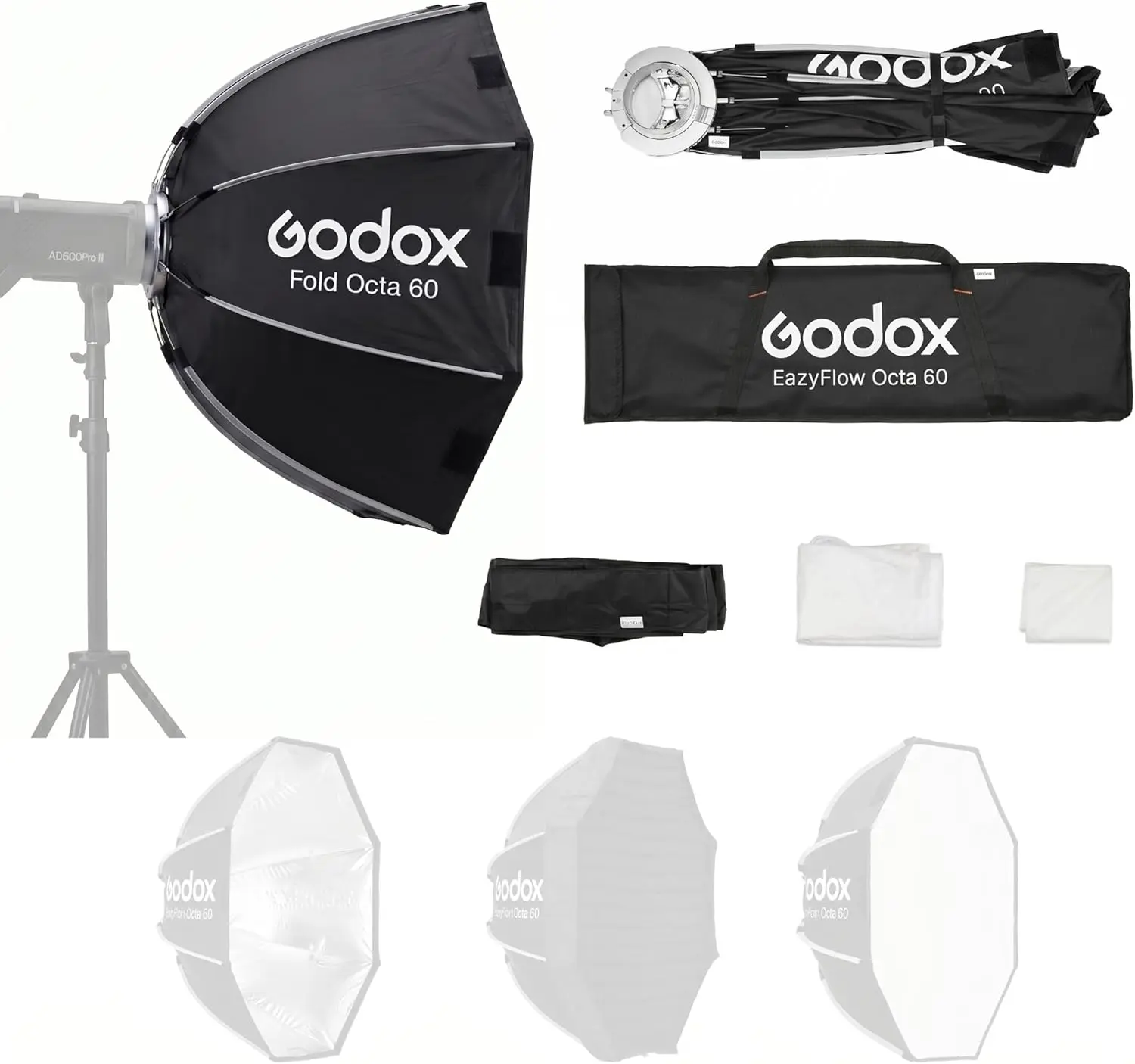 Authorized Godox Dealer | Godox EazyFlow Rect Quick Setup Foldable Softbox, 1-Sec Rapid Release Design, Bowens S Mount Light Modifier with Honeycomb Grid & Dual Diffusers, Ultra Compact for On-Location Portrait & Product Shooting