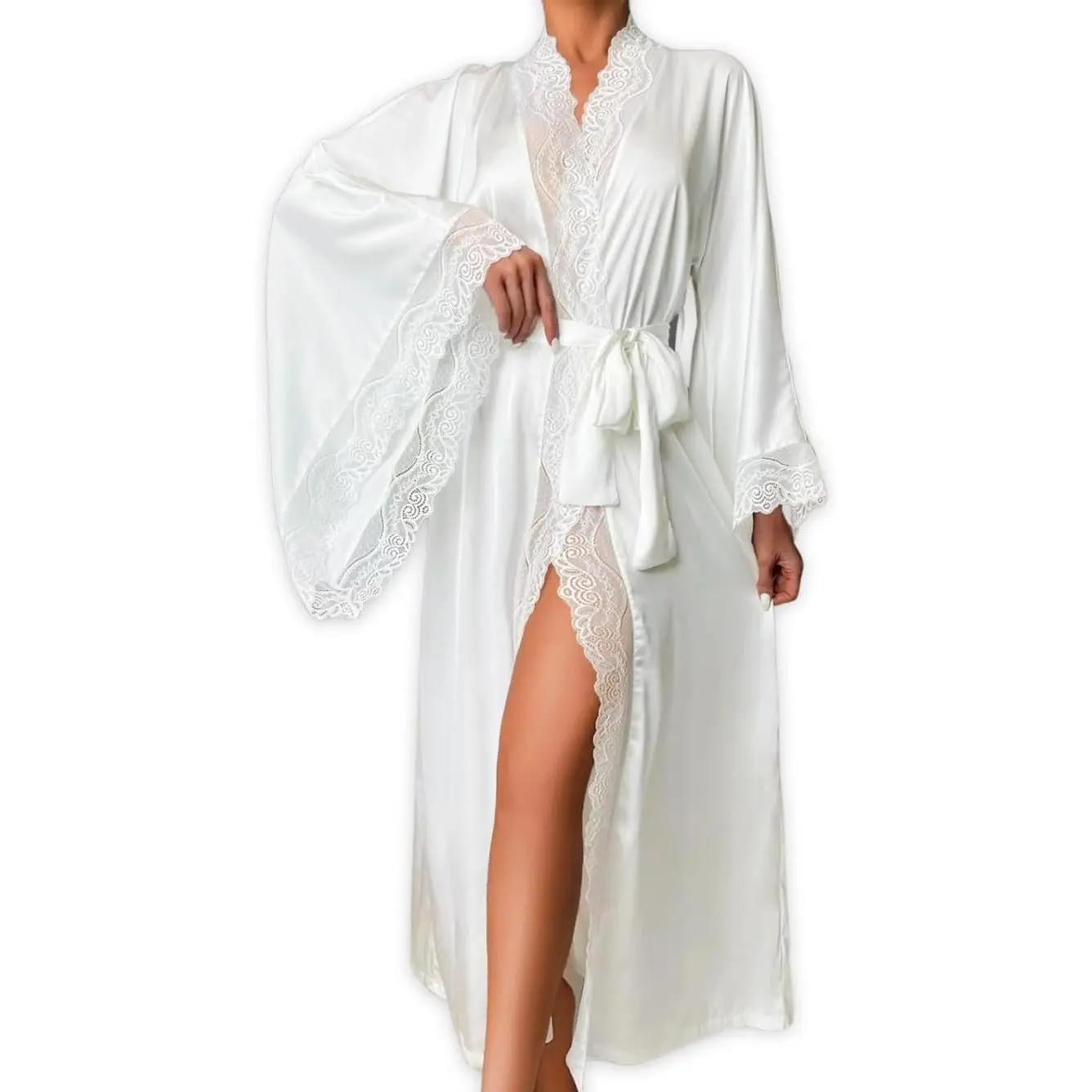 Silk Long Robe For Women, Satin Lace-Trim, Bride Wedding-Night, Bridal Bridesmaid Kimono Robes Lightweight