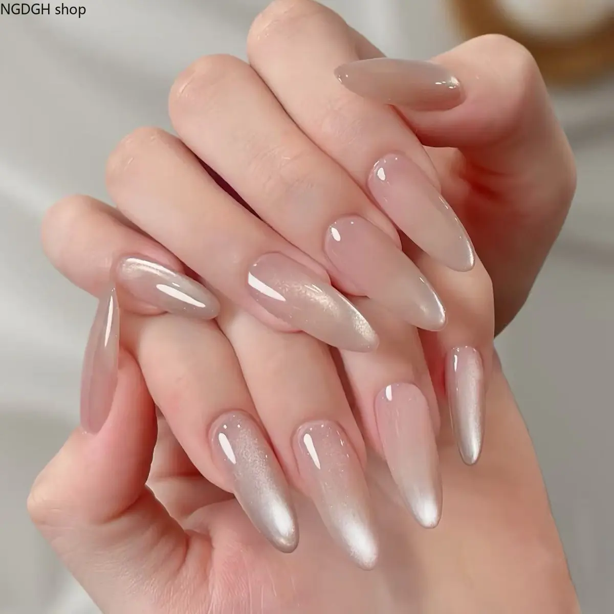 Cat Eye Nails - Beige Nude Silver Glitter Tip Press On Nails Long Almond Glossy Chrome Cat Eye Fake Nail Art Kit for Women Girls