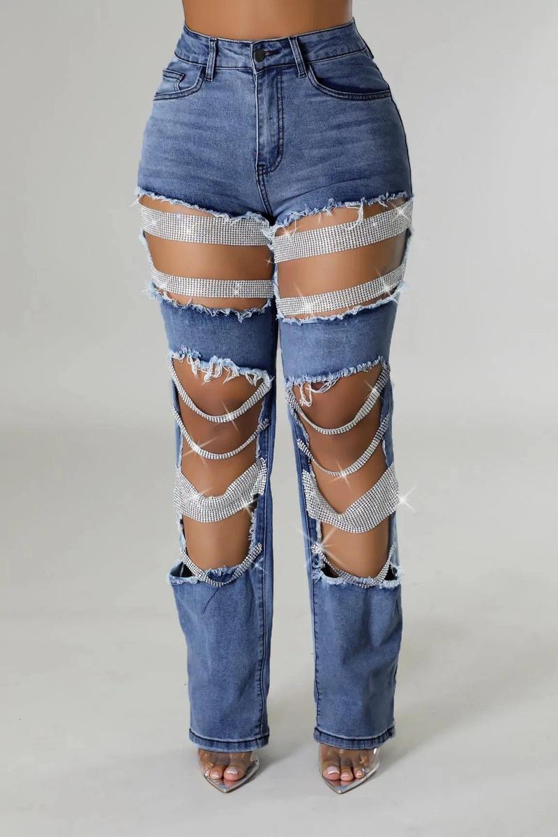 Women Fashion Pearl Beading Ripped Hollow Out Tassel Wide Leg Jeans 2024 New Summer Street Denim Pants