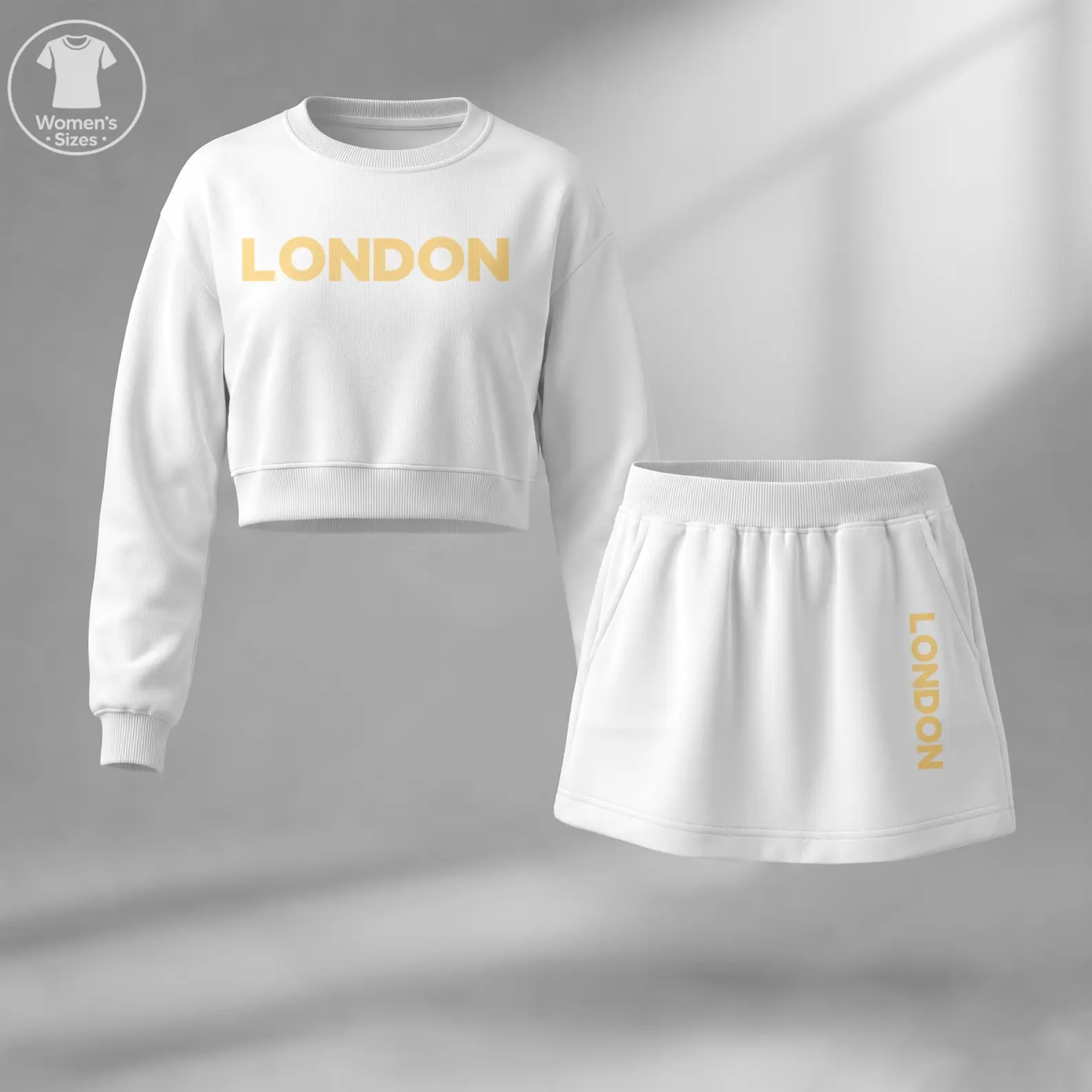 Women’s London Graphic Cropped Sweatshirt Skirt Set, Stylish City Inspired Two Piece Outfit Featuring Minimal Letter Print Design, Trendy Long Sleeve Crop Top with Matching Mini Skirt for Fall Fashion, Casual Streetwear and Everyday Looks