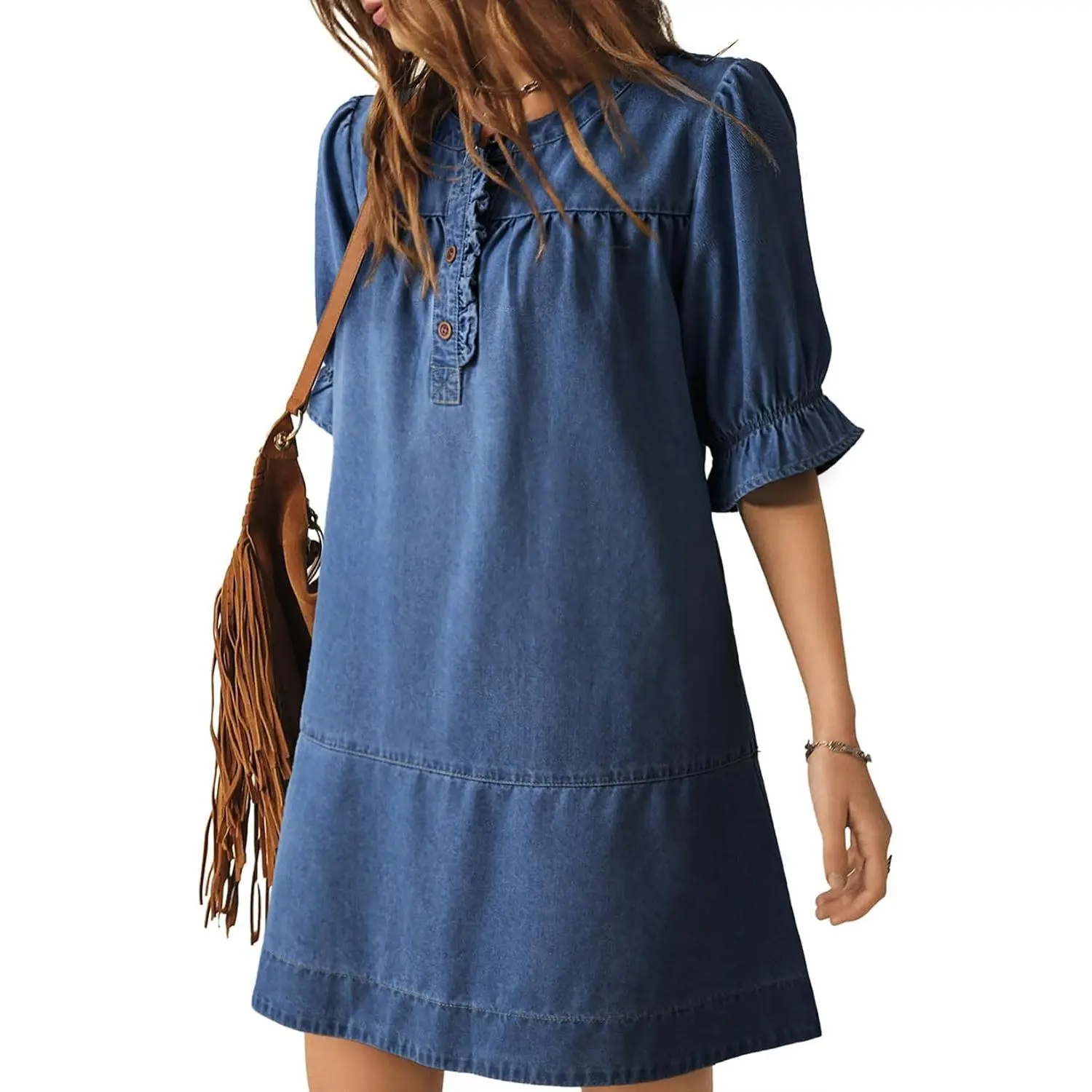 Women's Cotton Denim Babydoll Dress 2026, Comfortable Loose Fabric, Fashion Casual Ruffle Short-Sleeve Button Western Cowgirl Outfit