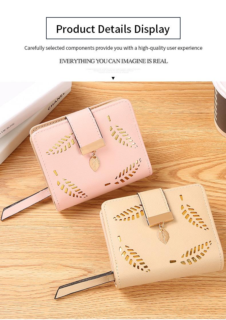 Leaf Short Wallet for Women Korean Style Hollowed Out Fashion Trend Change Zipper Card Bag PUCortical Embossed Leather Daily Matching