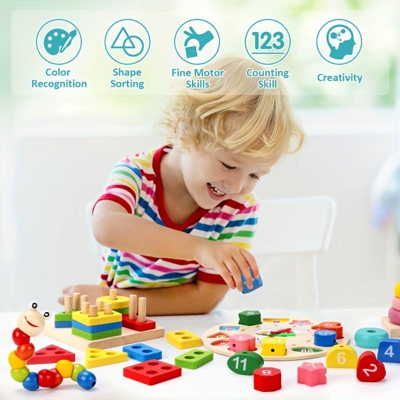 Wooden Montessori Toy Set, Wooden Block, Stacking Blocks, Early Education Kit for Kids, Cognitive & Music Learning, Teaching Aids, Christmas Gift, Unisex