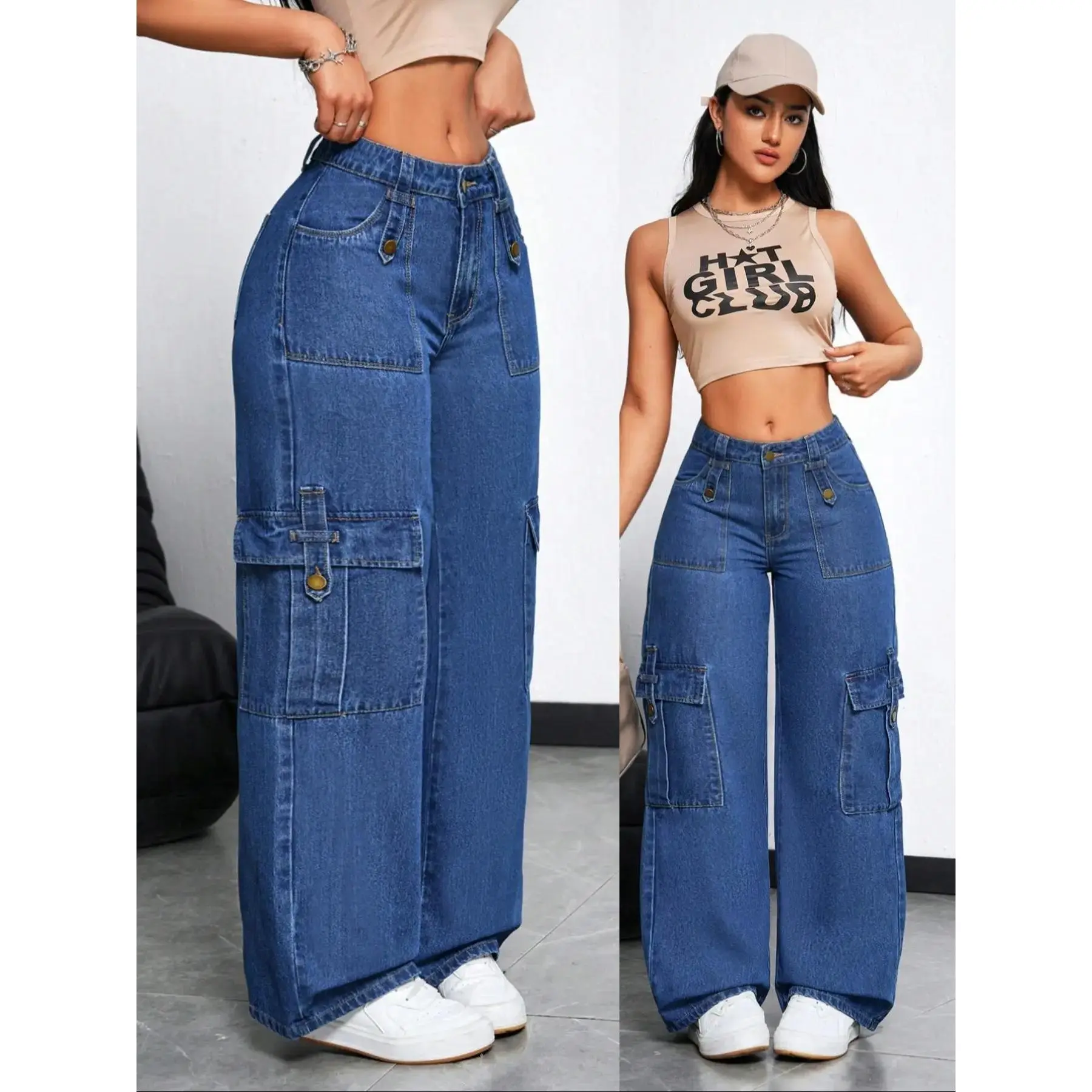Women's Stretchy Multi-Pocket Jeans, Fitted Straight Leg Denim Jeans, Casual Street Style, All Seasons, Elegant Design