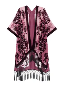 Velvet Kimono,Long Casual Cardigan Shawl With Tassels,Beach Kimono, Swimsuit Cover Up