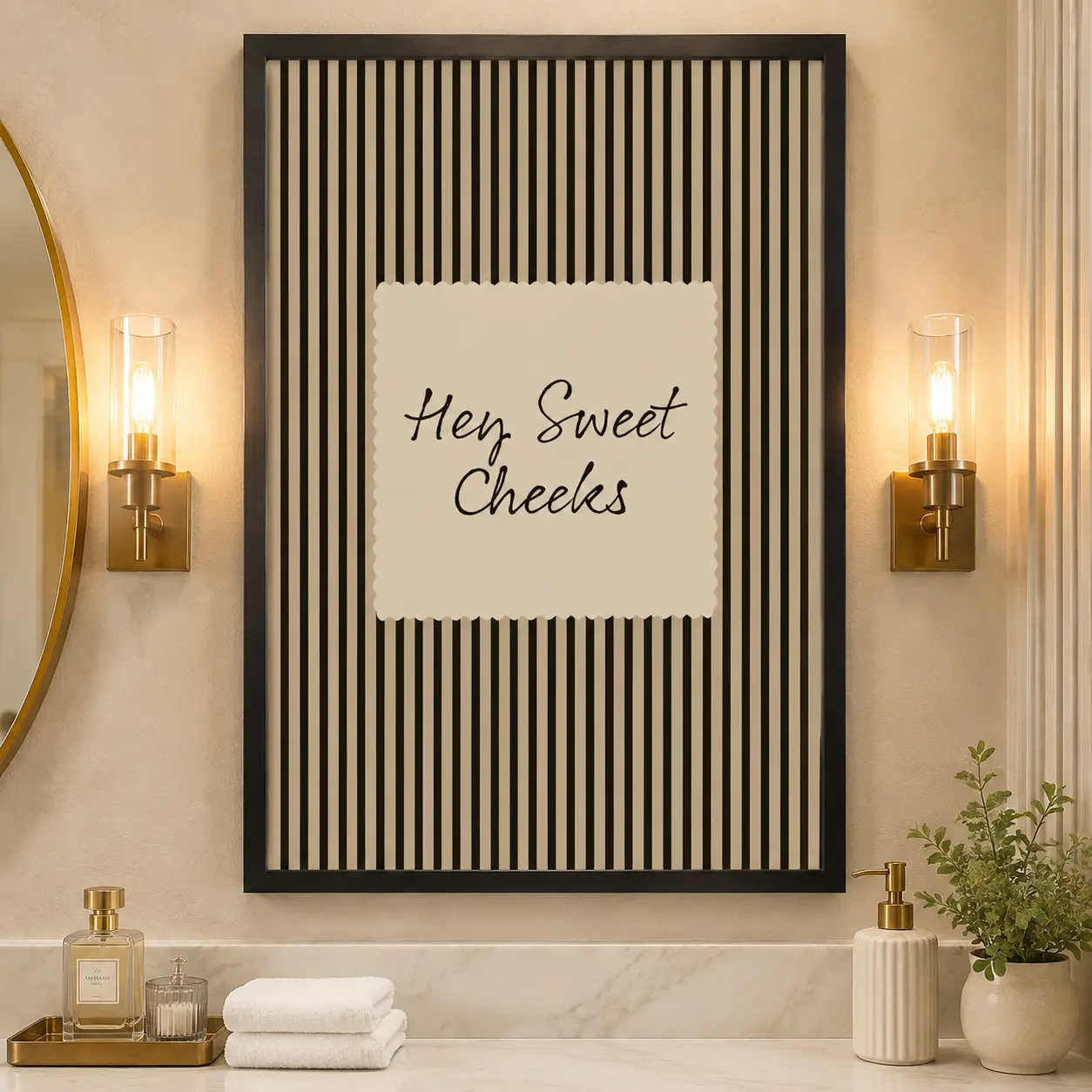Hey Sweet Cheeks Framed Canvas Wall Art Poster,Funny Black and Beige Striped Bathroom Poster for Powder Room, Toilet or Vanity Decor, Housewarming Gift