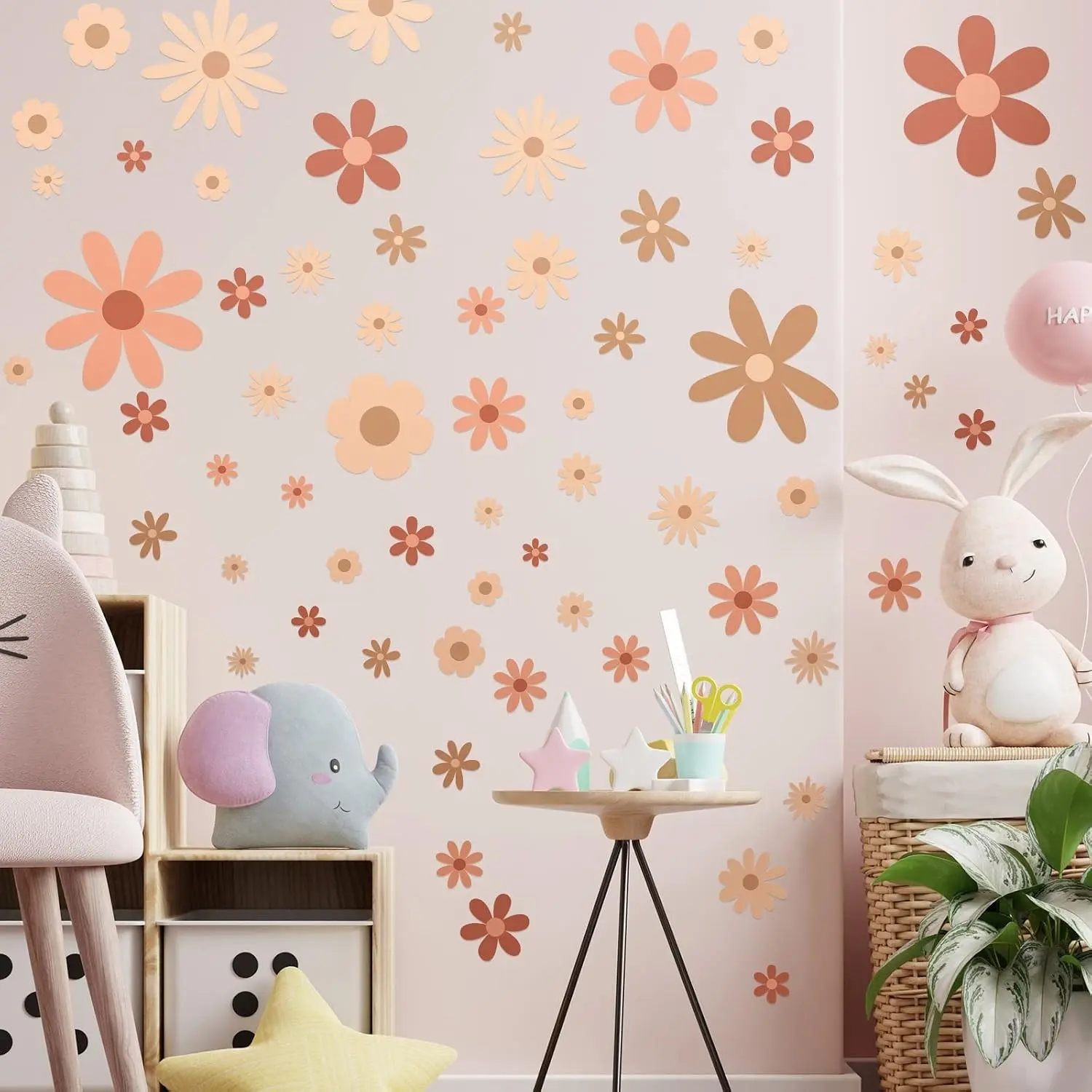 90 Pcs Daisy Flower Wall Decals Boho Removable Vinyl Peel and Stick for Nursery Bedroom Home Decor Classic(Gift)