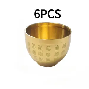 6 sets/Hand-carved pure copper blessing cups - Golden spiritual decorative bowls, suitable for home, study and room decoration, no electricity required, meditation accessories, traditional aesthetics, metallic texture, not edible