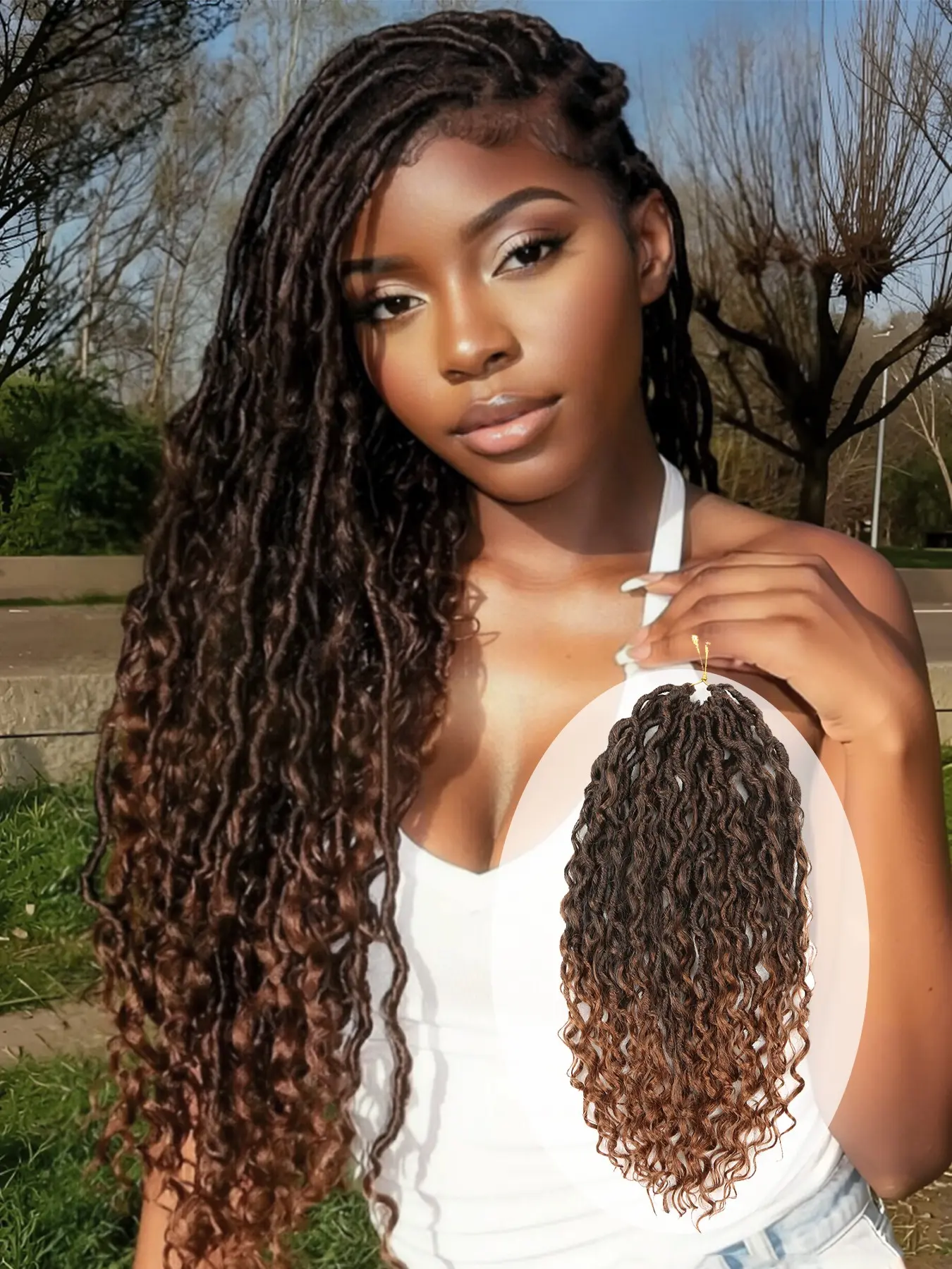 Red-brown ombre Goddess Locs crochet hair extensions; 14/18/24-inch Bohemian-style synthetic hair; pre-looped design with curly ends; natural, soft, and realistic braids—perfect for women for daily gatherings, New Year's, carnivals, and music festivals.