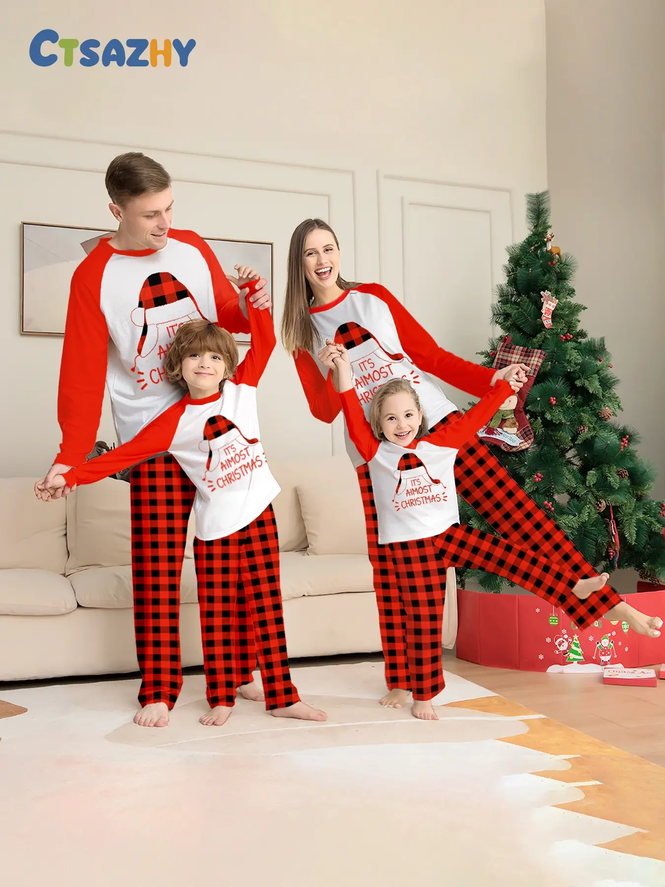 Christmas Hat Letter Print Family of Four Matching Pajamas Set, Long Sleeve Top & Long Pants Loungewear Two-Piece Outfit with Red Contrast Trim, Soft Skin-Friendly Breathable Knit Fabric. Ideal for Christmas Family Photoshoots, Holiday Party Outfits, Dail