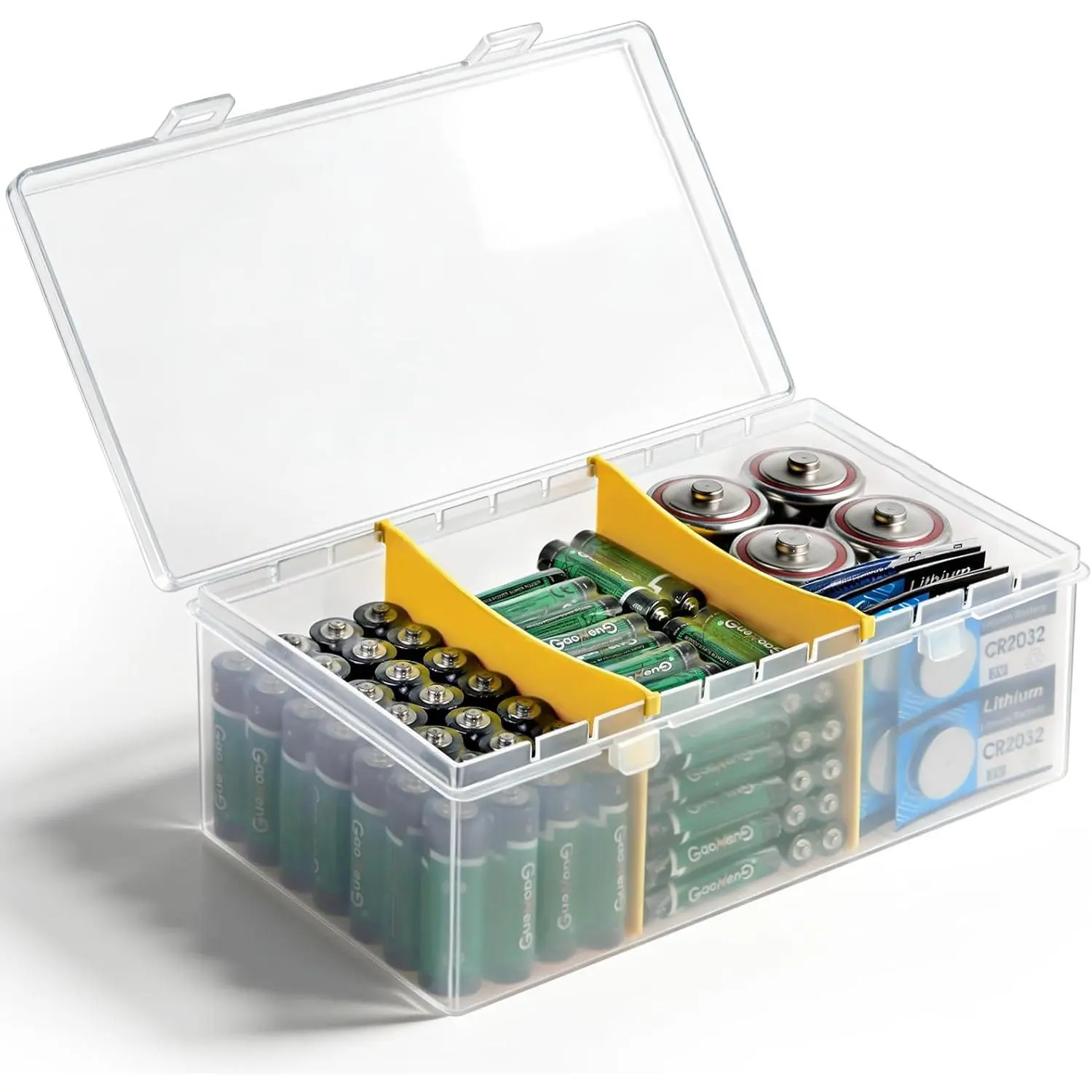 Clear Plastic Battery Storage Organizer for AA, AAA, 9V, C Batteries, Storage Box Battery Holder Organizer for Common Types Batteries, Household Container (2 Dividers)