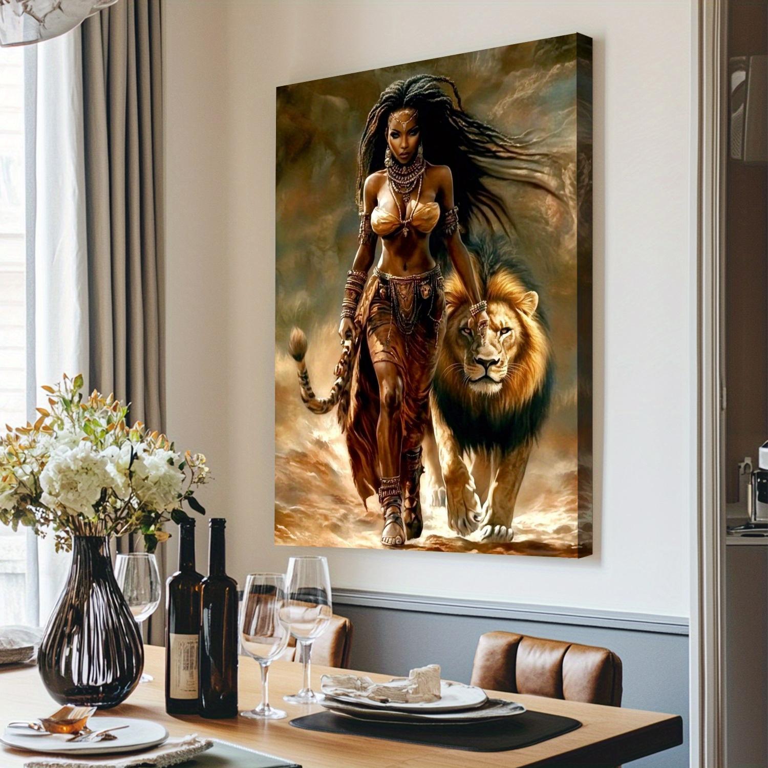 African Queen and Lion Wooden Frame Canvas Print, Vibrant colors, Traditional costumes and Lion details - Elegant home decor, unique gift for women, bedroom or living room, Lion wall decor, living room artwork, fine craftsmanship