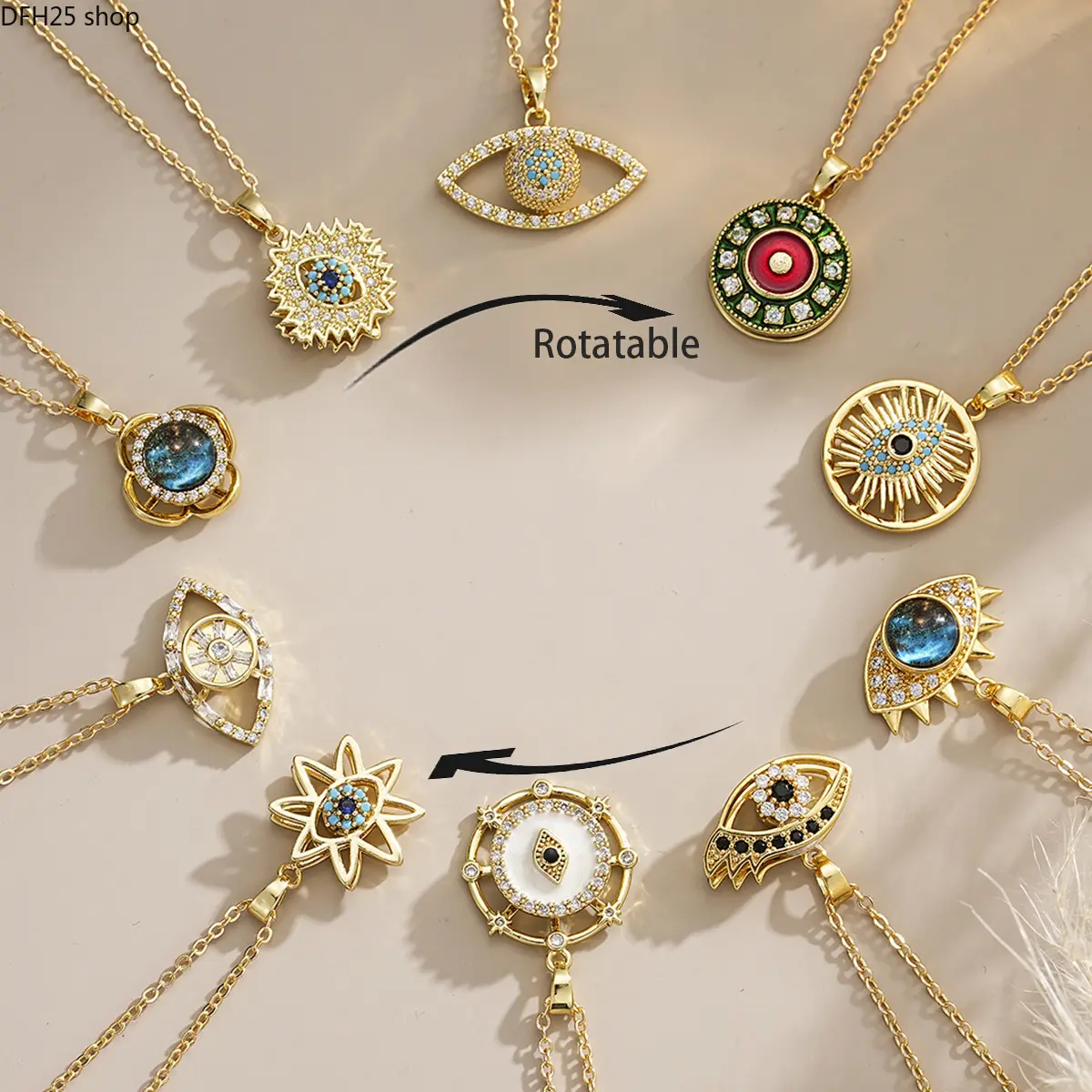 Rotating Evil Eye Pendant Necklace and Crystal Cross Earrings Set, Gold-Plated Copper Jewelry with Sparkling Detail for Daily Styling