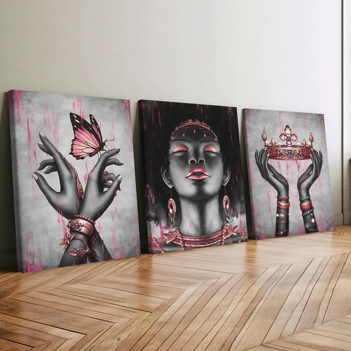 3-count wooden-framed canvas, pink-toned butterfly crown Black Queen gentle art triple poster, Art Print, fashion art, modern art, home decoration painting, exquisite living room, bedroom and office wall art, waterproof art