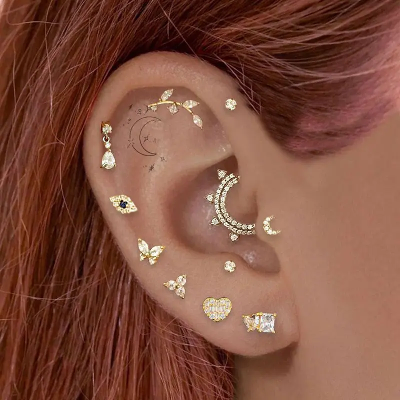 New Designer Stainless Steel Zircon Ear Piercing for Women Leaf Heart Moon Eye Helix Tragus Daith Snug Earring Piercing Jewelry